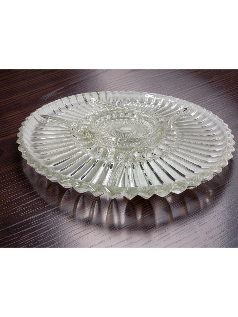 1950s KROMEX 12 in Divided Ribbed Clear Glass Platter Mid Century Sawtooth Relis